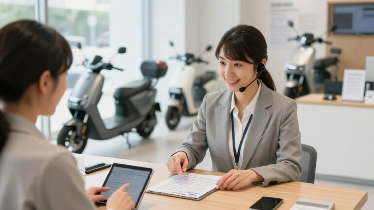 電動自転車の購入条件を販売スタッフに相談するイメージ