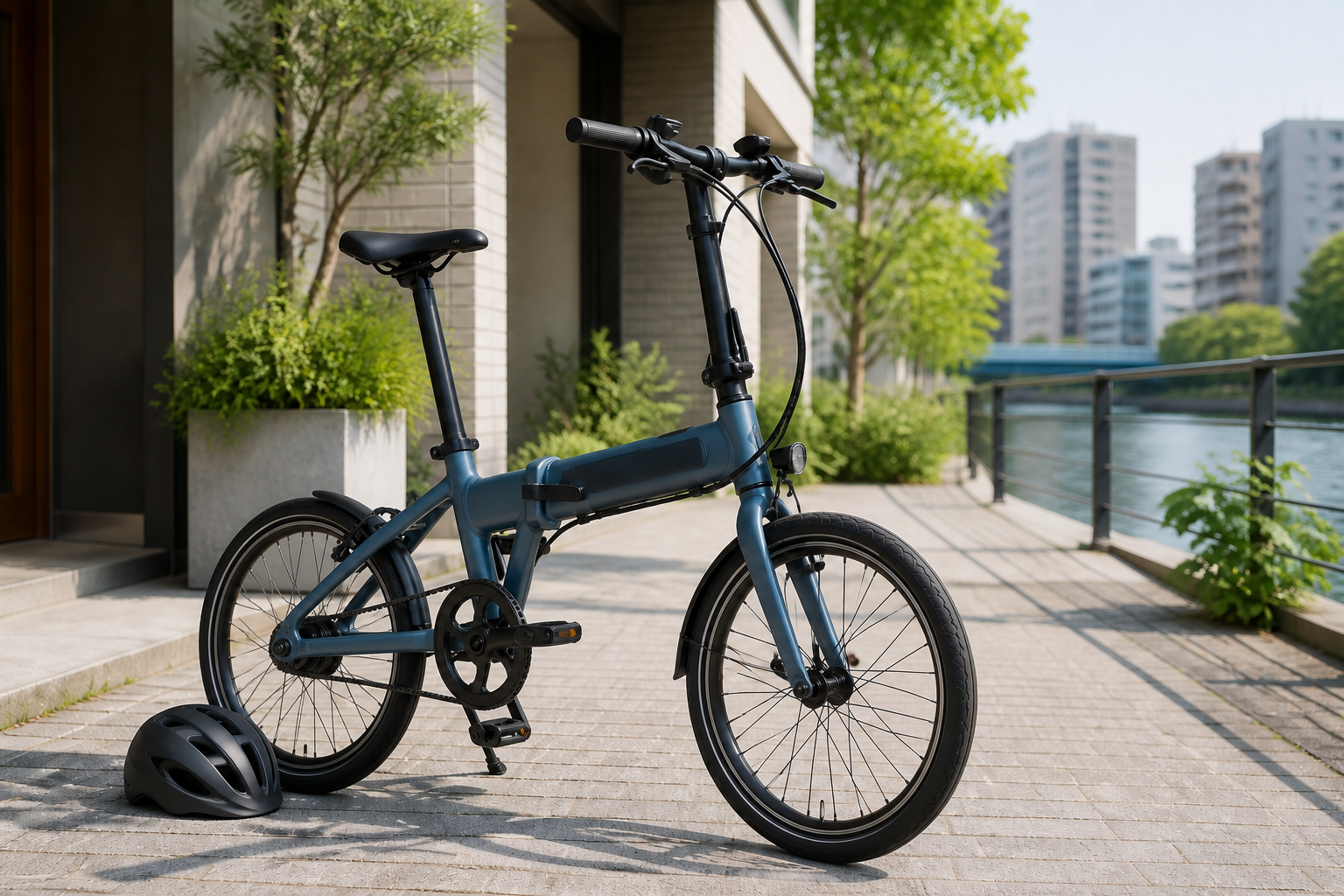 街中に置かれた軽量な折りたたみ電動アシスト自転車のイメージ