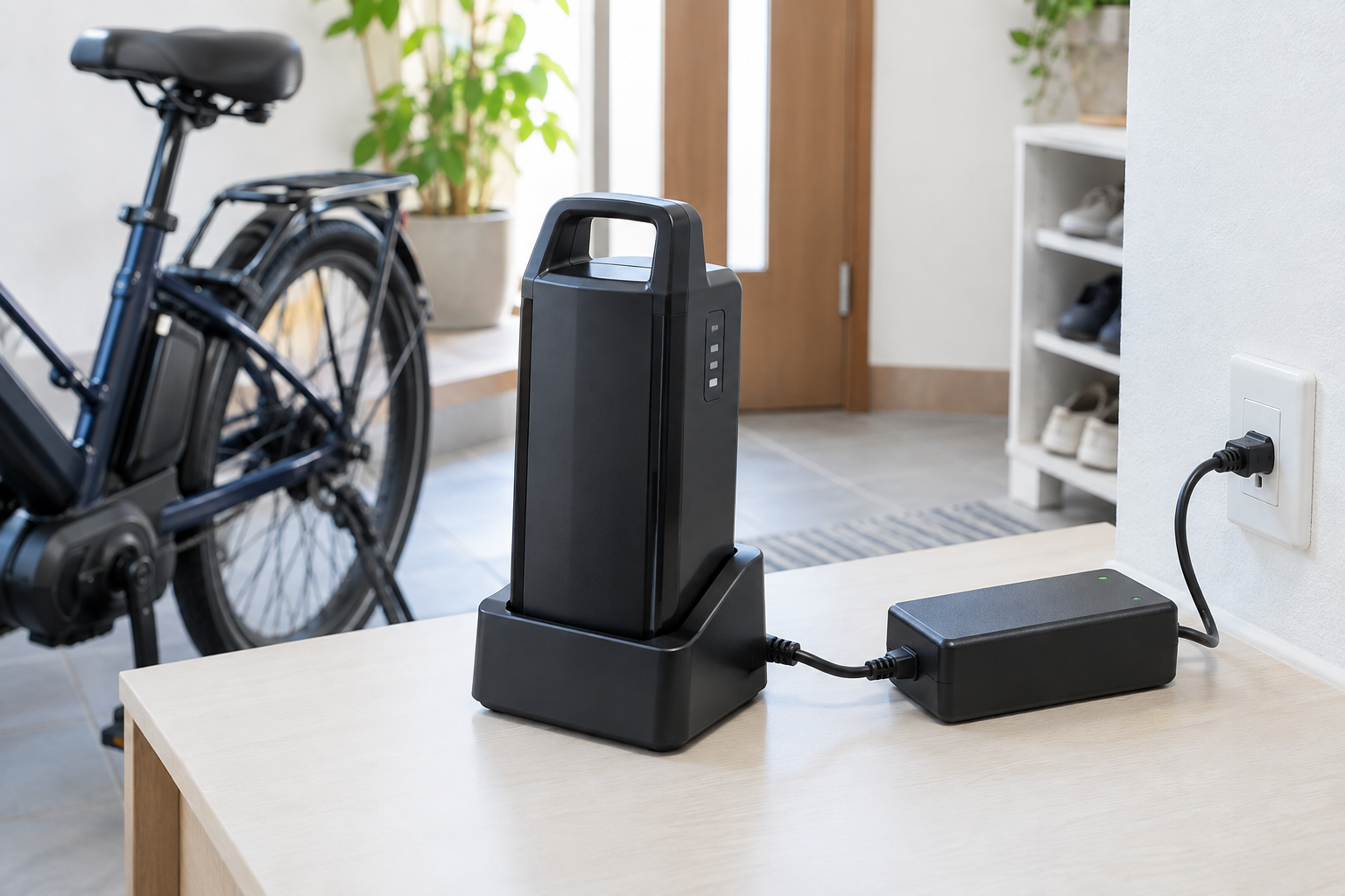 電動自転車のバッテリーを安全に充電する様子