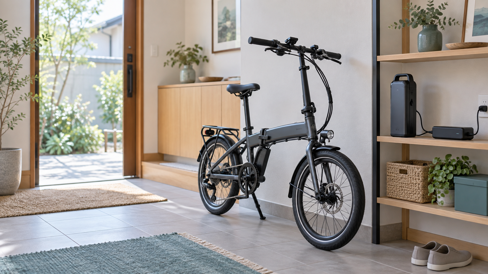 自宅でバッテリーを充電する折りたたみ電動アシスト自転車