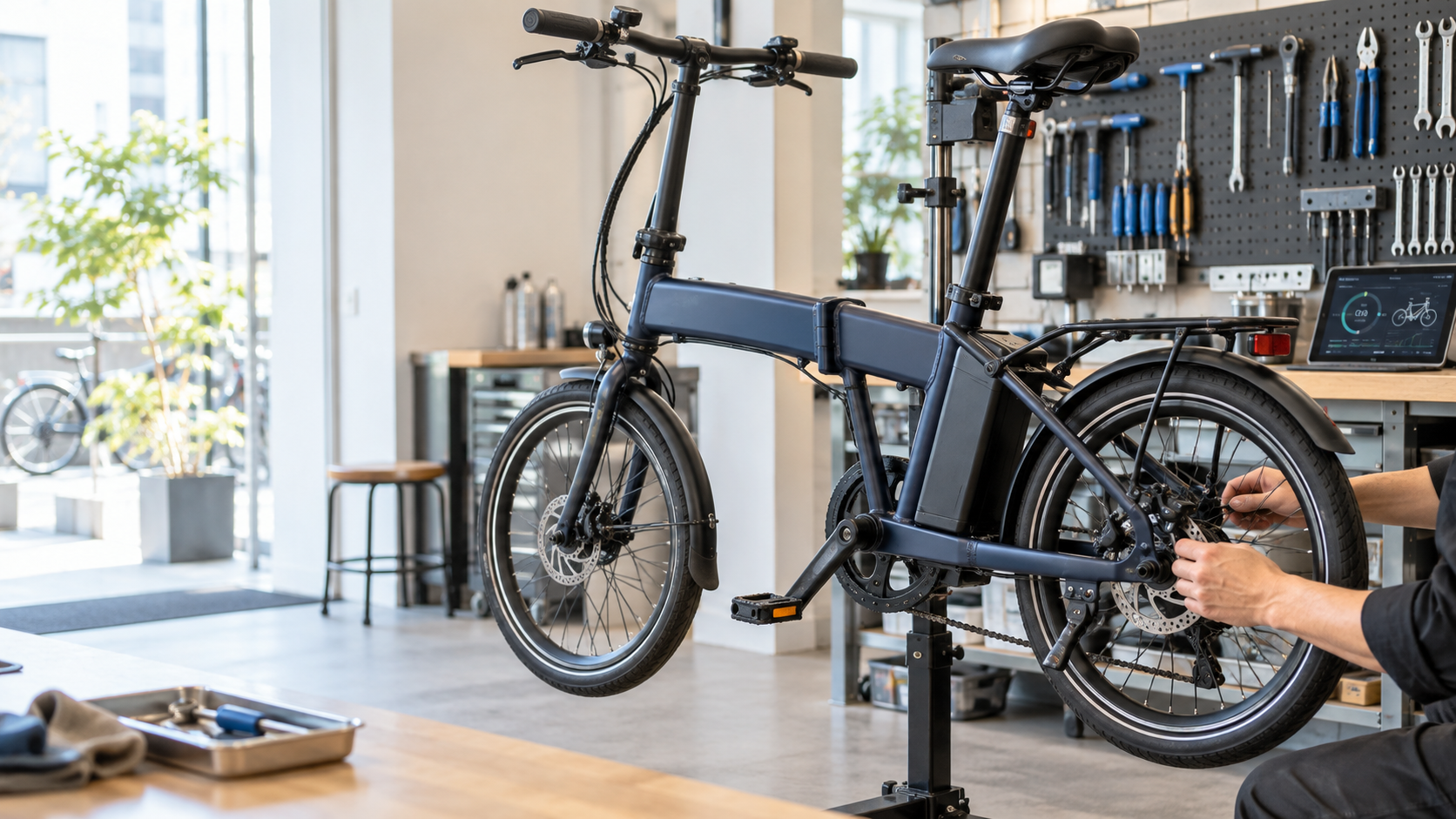 修理工房で点検される折りたたみ電動自転車