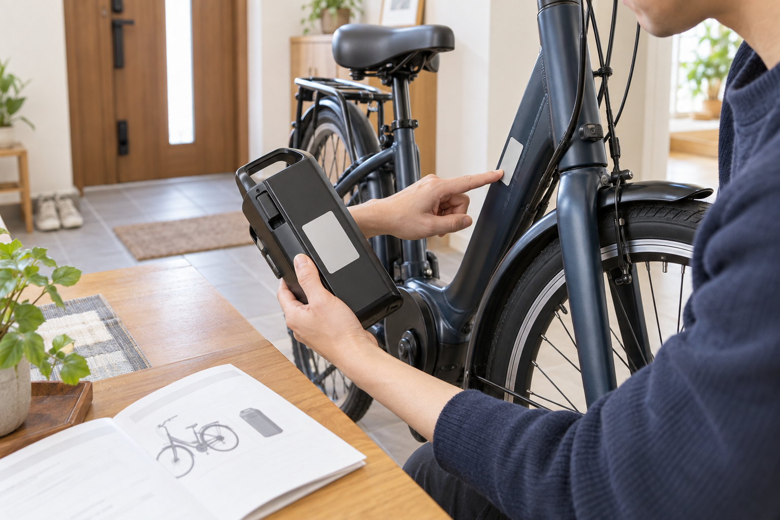 電動アシスト自転車の車体と交換用バッテリーの型番を確認しているイメージ
