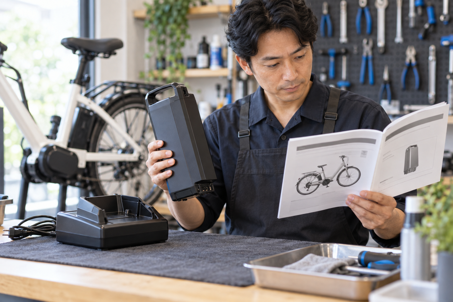 自転車店で交換バッテリーと充電器の型番を取扱説明書と照合するイメージ