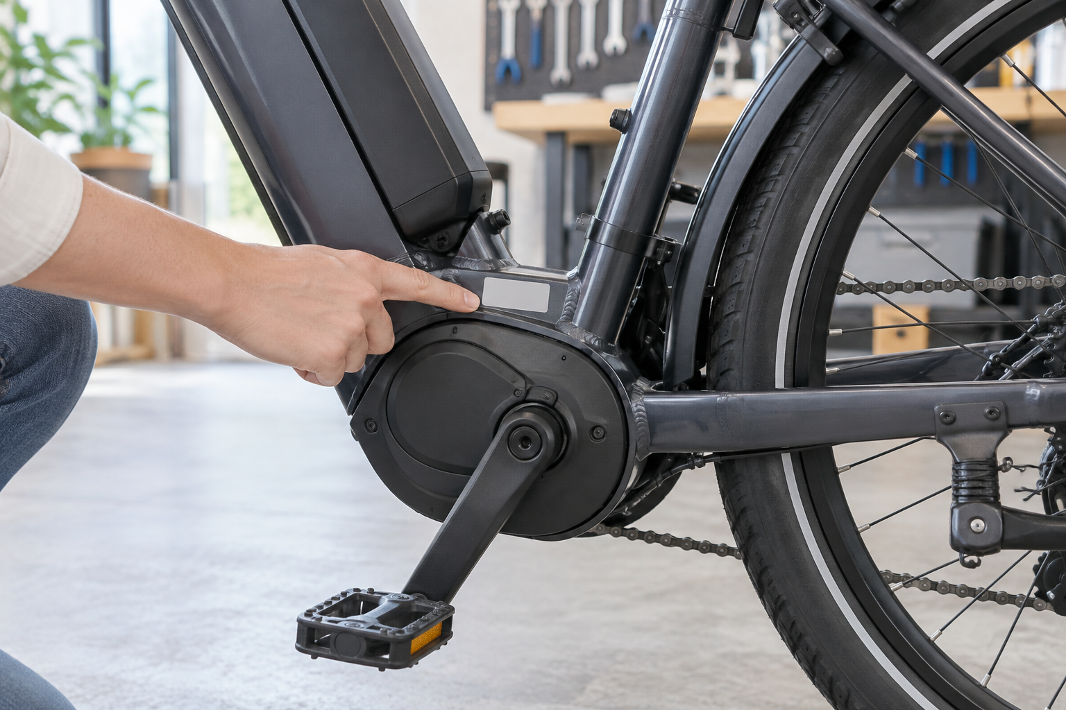 電動アシスト自転車のフレーム品番ラベルを探すイメージ