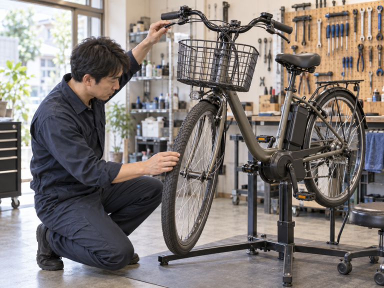 自転車店で電動アシスト自転車を点検するイメージ