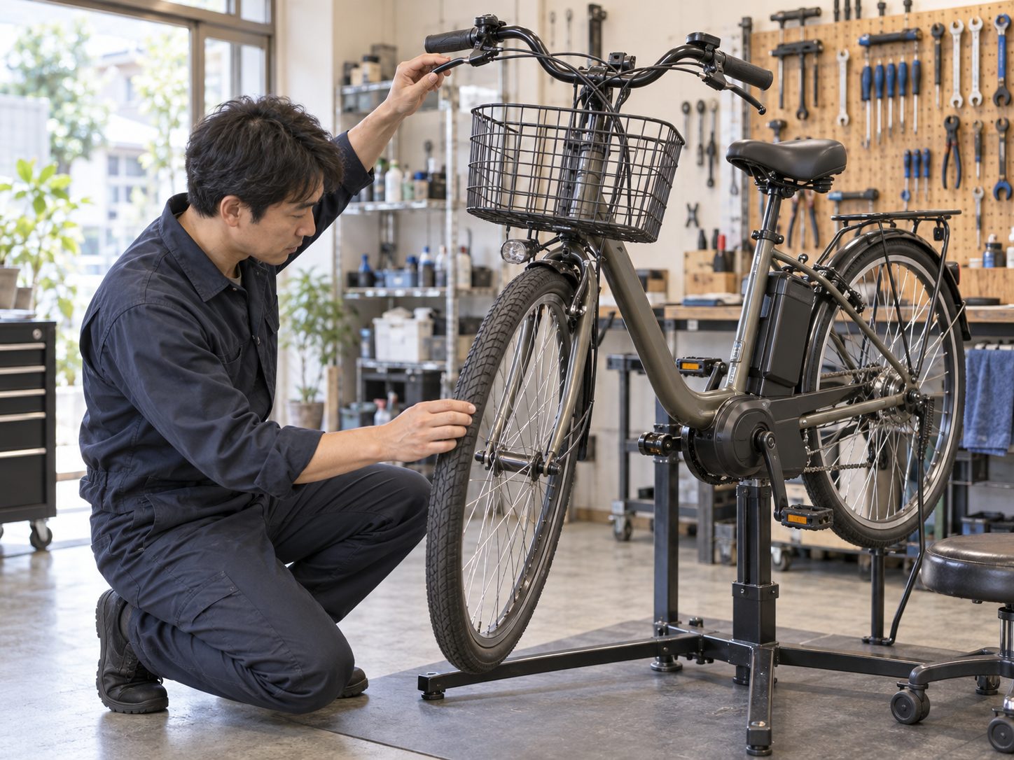自転車店で電動アシスト自転車のタイヤやブレーキを点検する様子