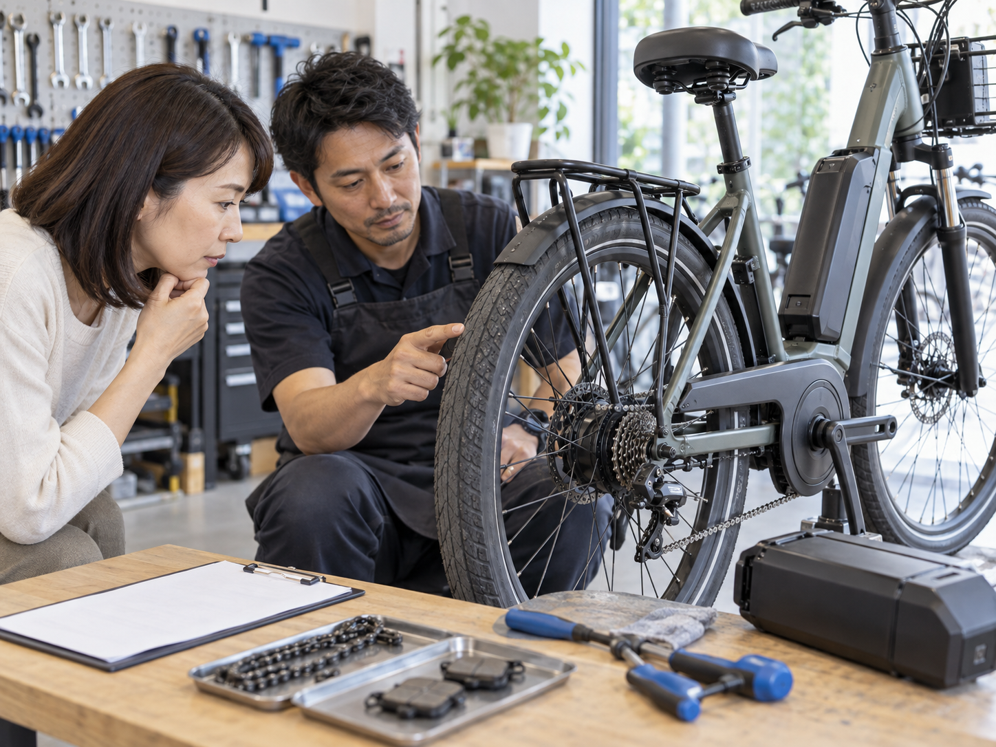 電動アシスト自転車の修理費用と車体の状態を自転車店で相談する様子