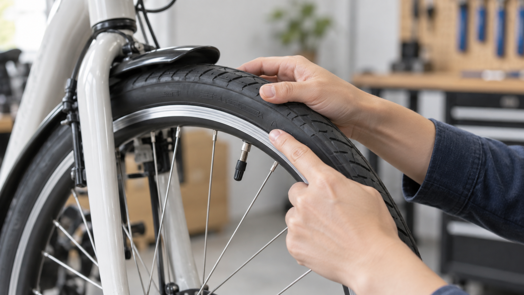 電動自転車のタイヤを手で確認し、空気圧の状態を点検するイメージ