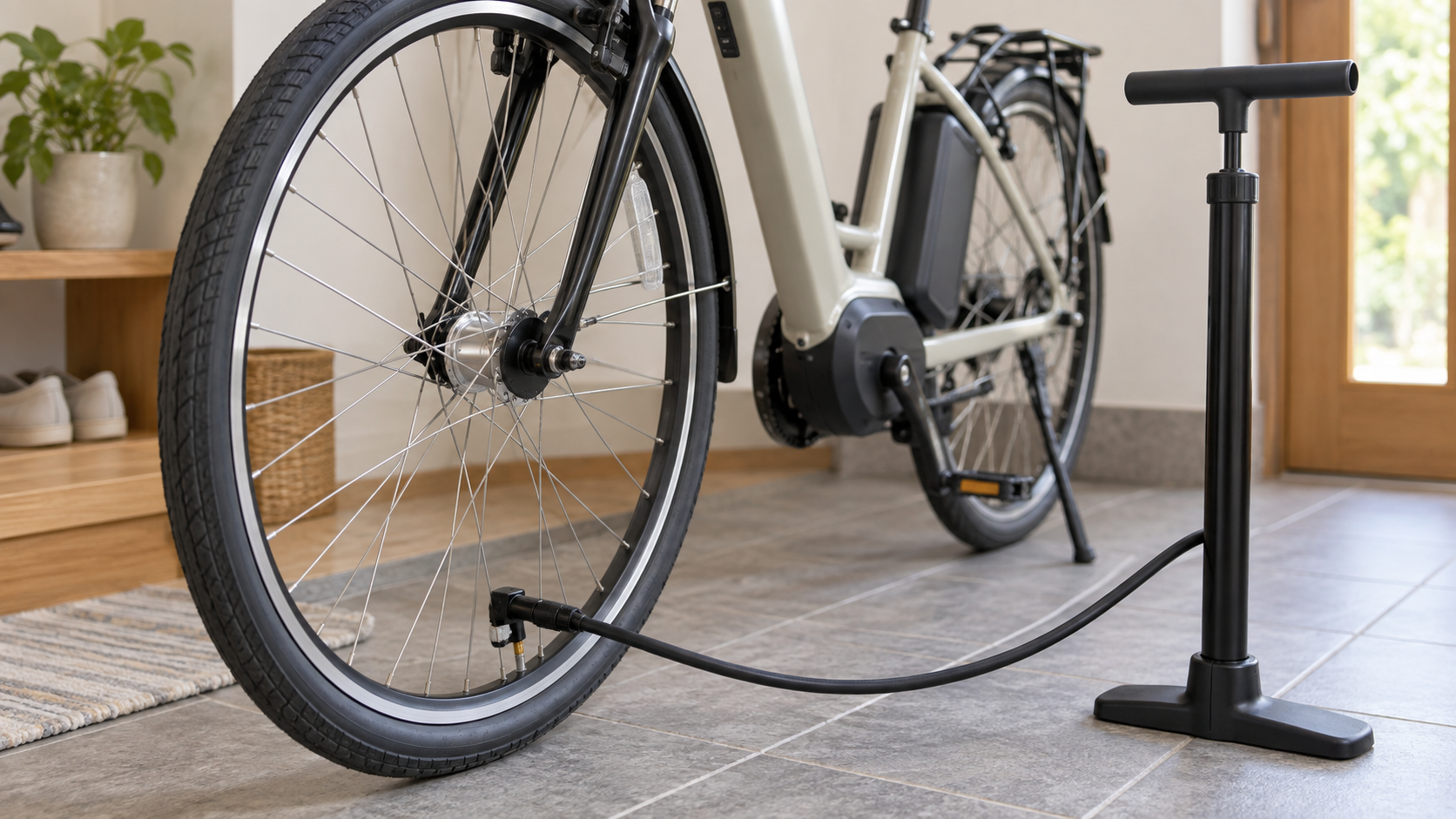 電動自転車のタイヤバルブにフロアポンプを接続して空気を入れるイメージ
