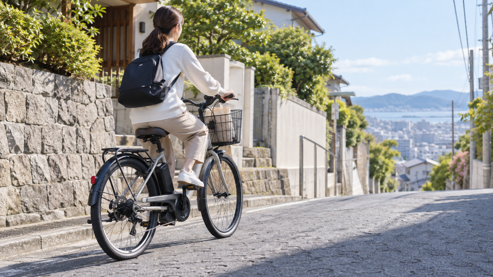 坂道を上る電動アシスト自転車