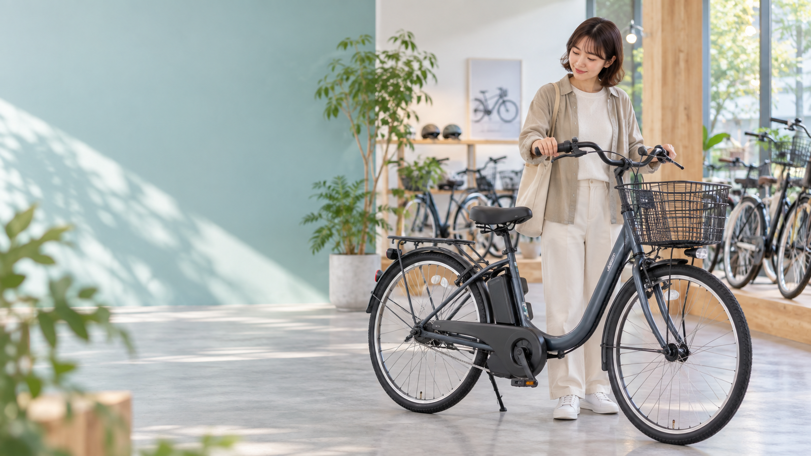 身長が低めの人が電動アシスト自転車のサイズ感を確認しているイメージ