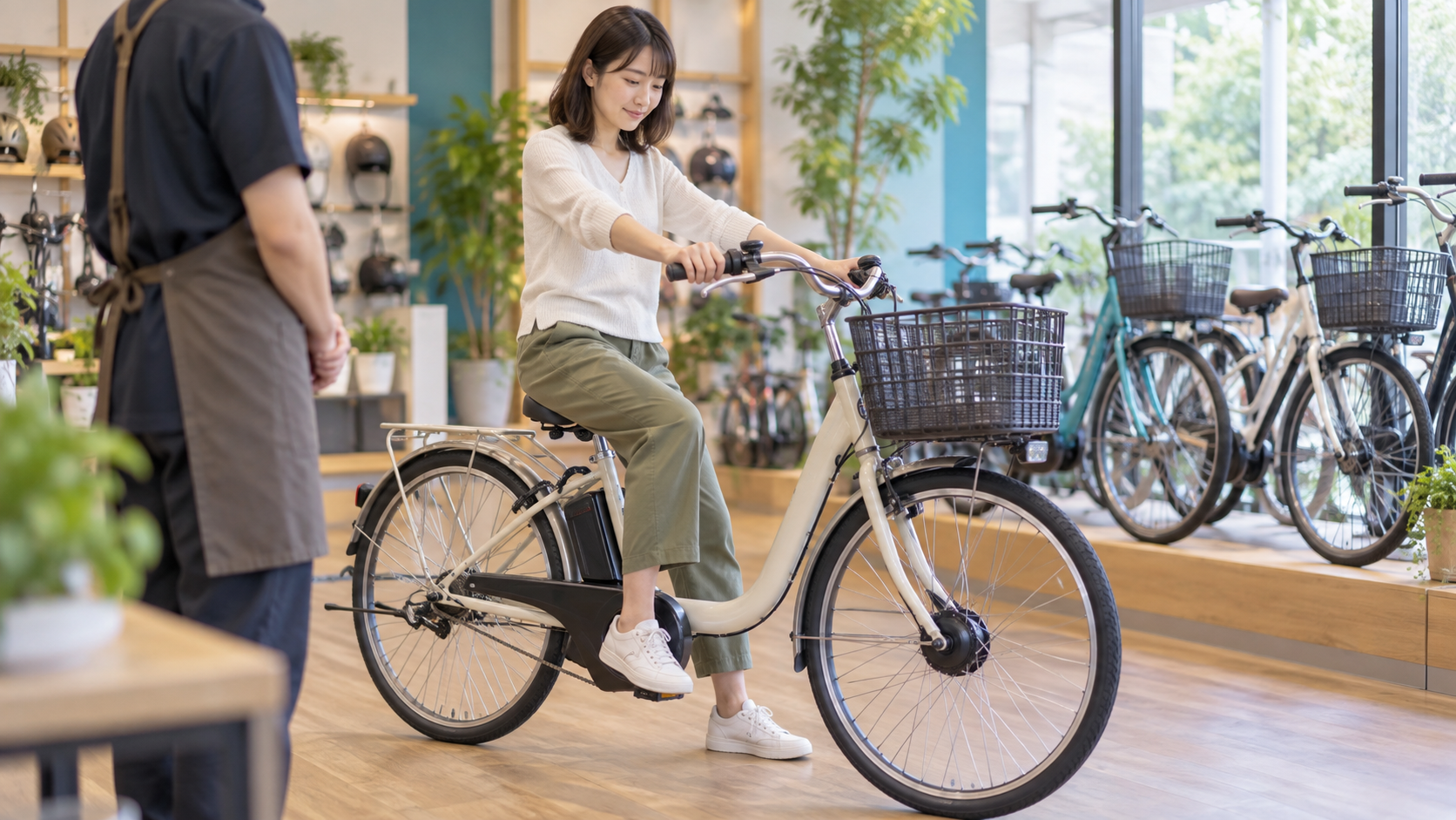 小柄な人が電動アシスト自転車のサドル位置を確認しているイメージ