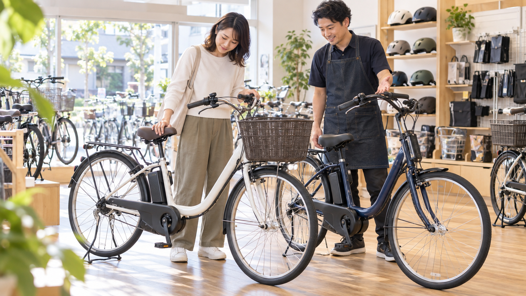 電動自転車の購入先を店頭で比較する様子