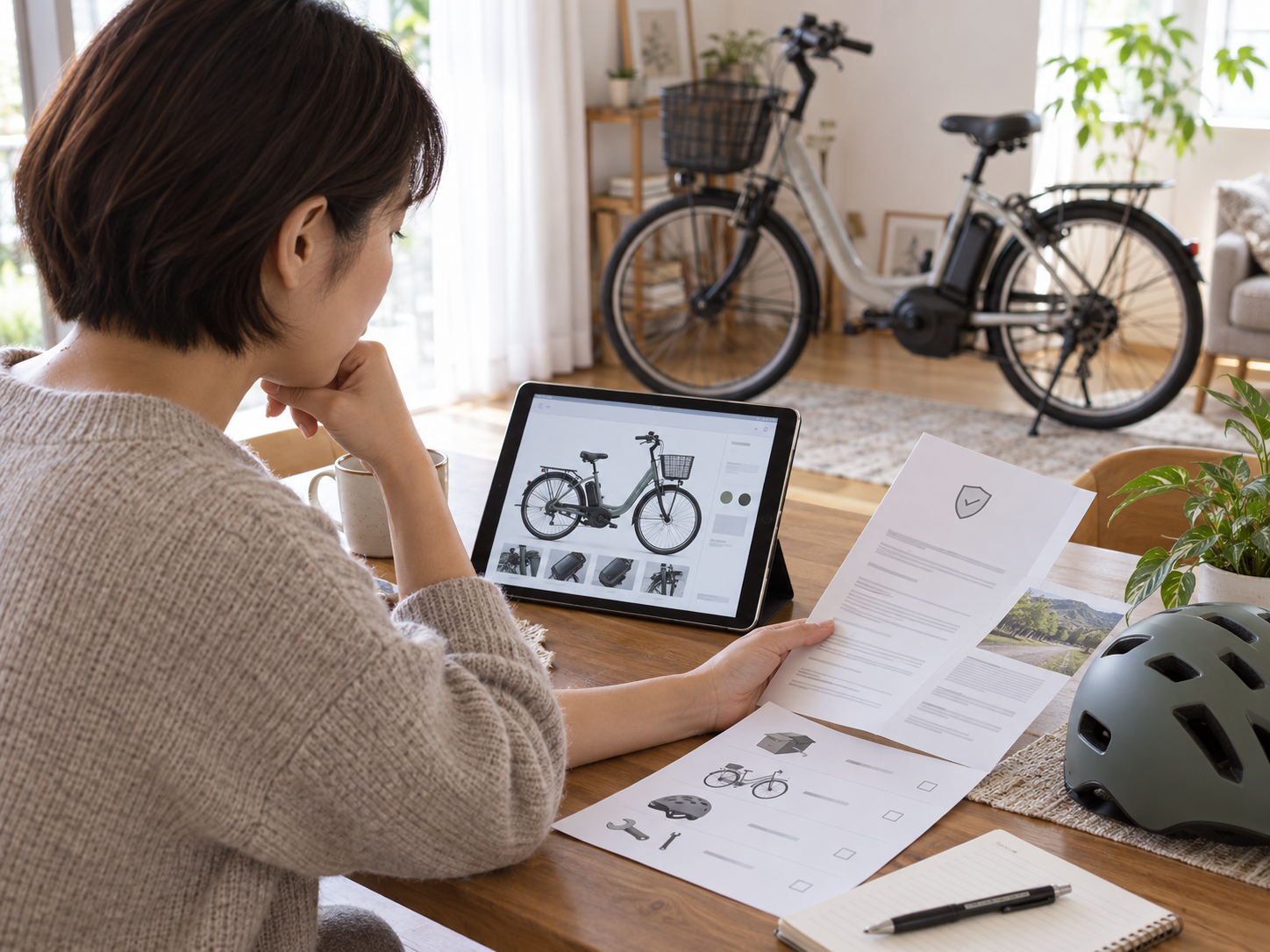 オンラインの商品情報と保証書類を見比べて電動自転車の購入準備をする様子
