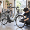 購入前に自転車店で電動アシスト自転車の整備を確認する様子