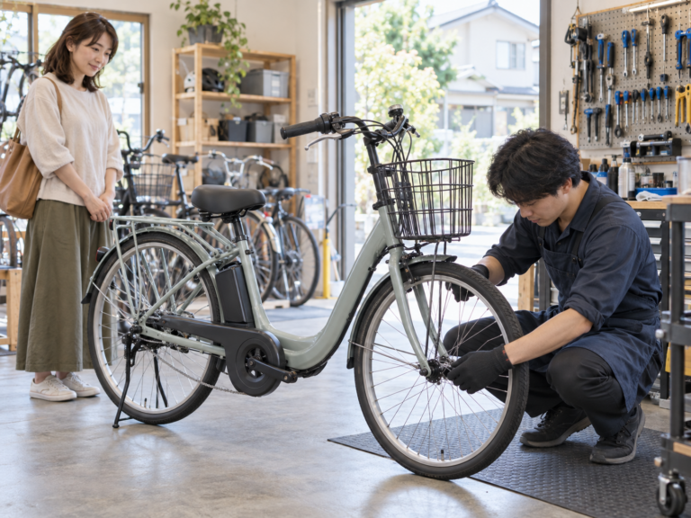 販売店で電動自転車の購入後サポートを相談するイメージ