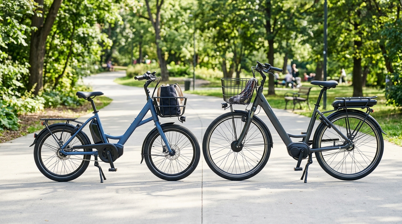24インチと26インチの電動アシスト自転車の車輪サイズとフレーム高を比較する様子