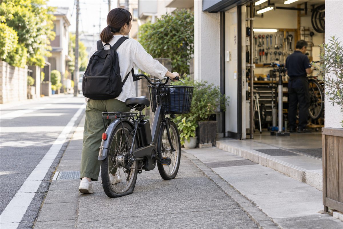 空気が抜けた電動自転車を安全のため押して歩く人