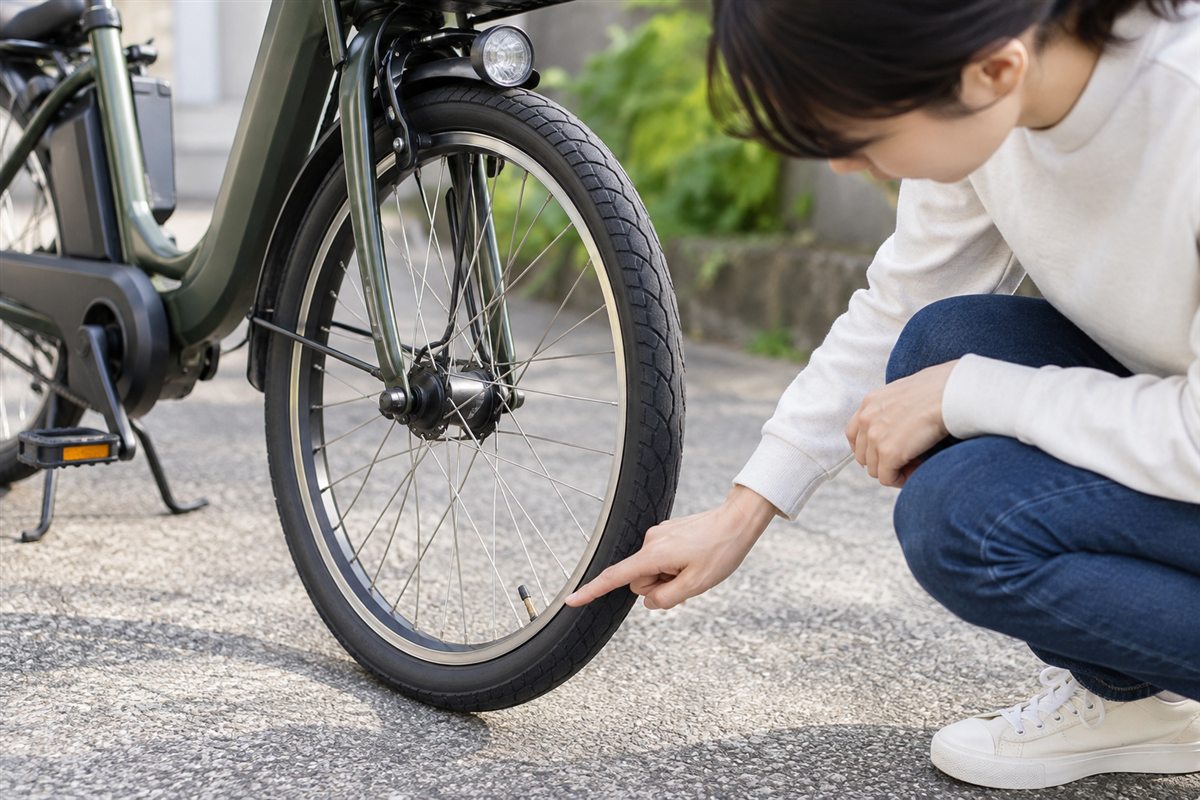 バルブの種類を確かめるを確認する電動自転車の利用者