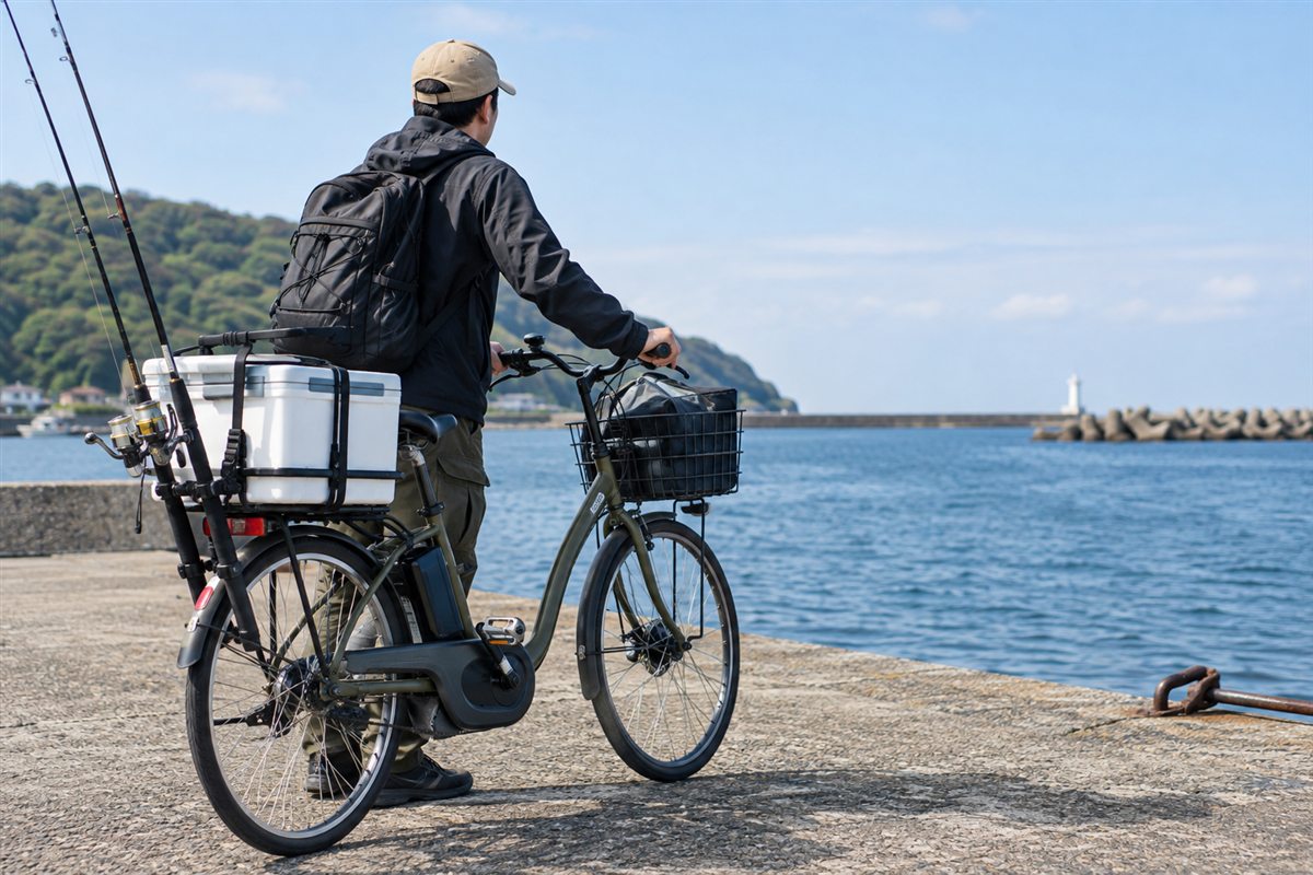 釣りで電動自転車が役立つ場面を確認する様子