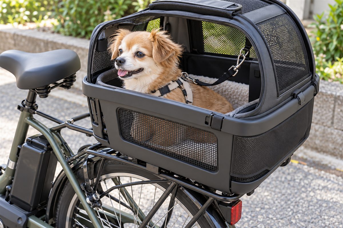 電動自転車の後部キャリー内でハーネスを装着した小型犬