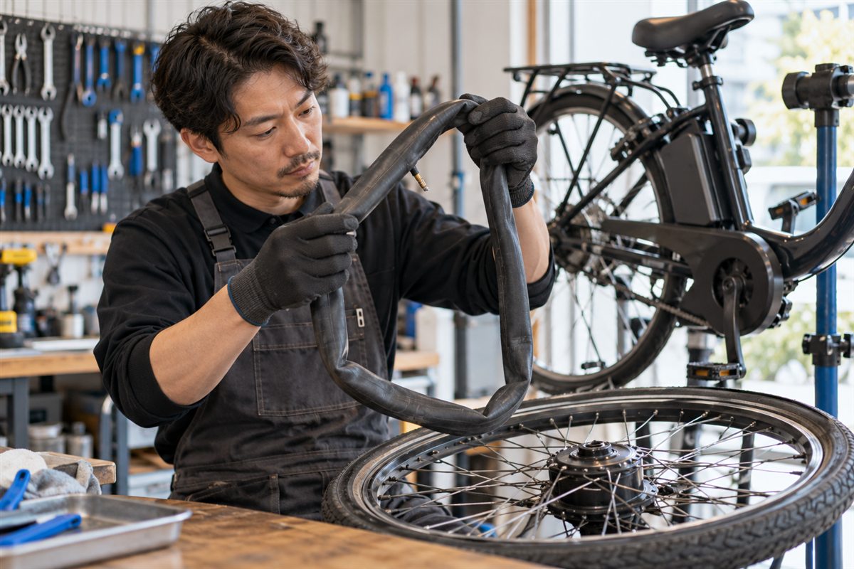 自転車店で外したチューブと車輪を点検する整備士
