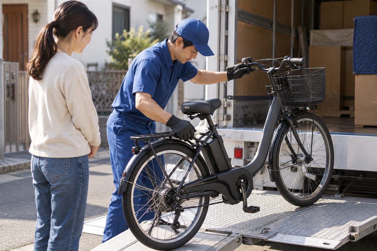 家財向けの配送サービスを使うに関する電動自転車の様子