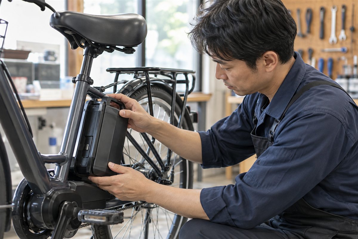 バッテリーの残量と装着を見るに関する部品を点検する整備士
