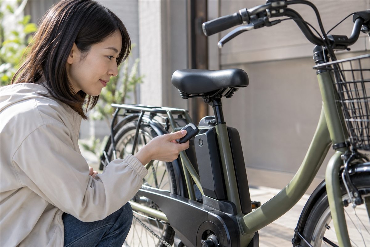電子キーと車体の関係に関する電動自転車の確認場面