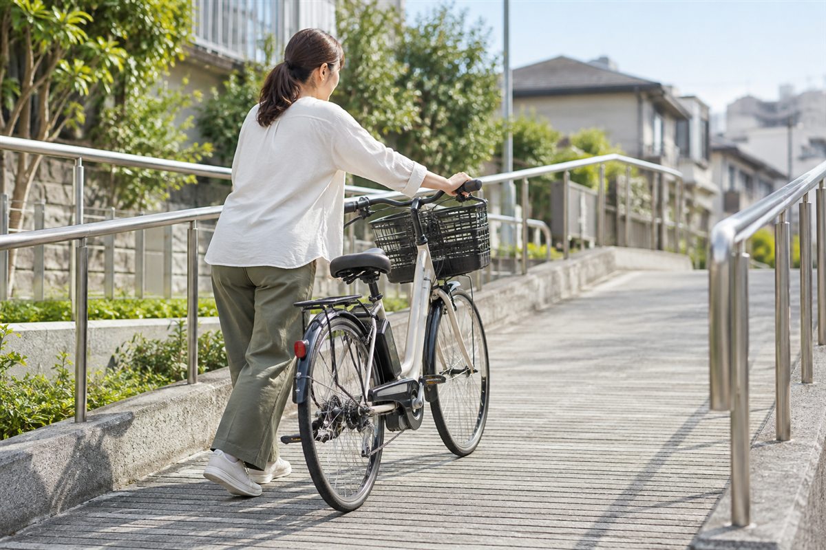緩やかな坂道で電動自転車を押す人