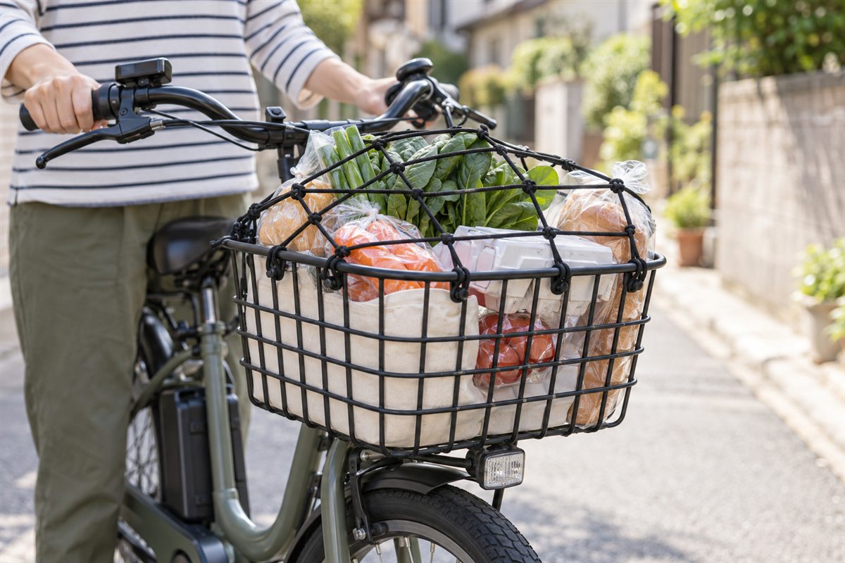 荷物を偏らないようカゴに載せて固定する様子