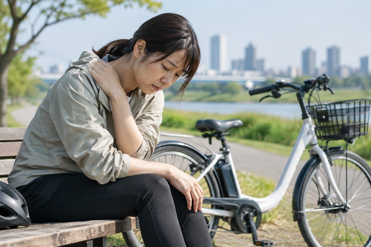 どの部分が疲れるかを書き出すに関する電動自転車の場面