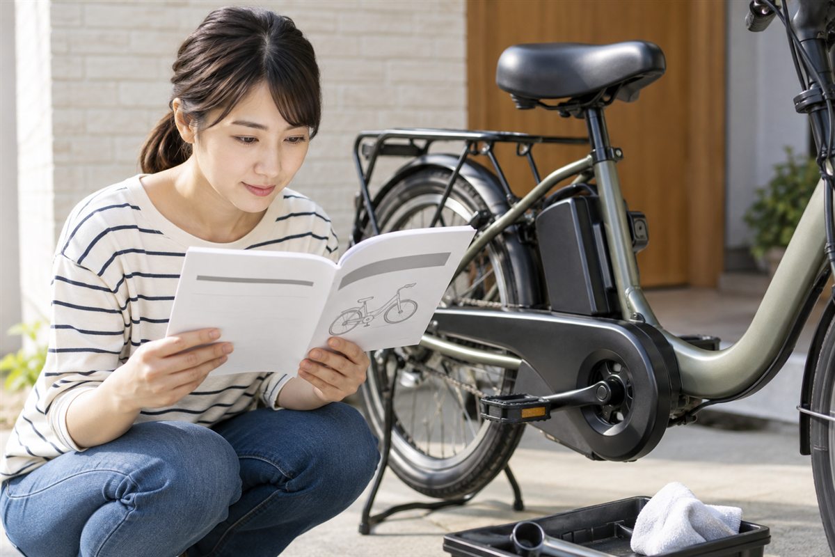 取扱説明書で範囲を確かめるに関する電動自転車の様子