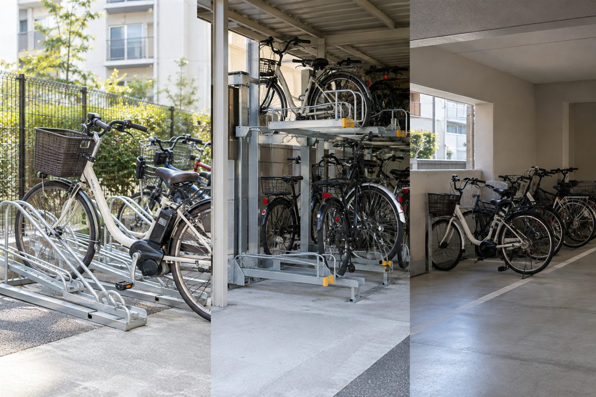 駐輪場の種類ごとの向き不向きに関連する電動自転車の場面