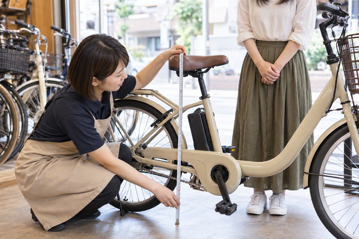 サドル最低地上高の数字を比べるに関連する電動自転車の場面