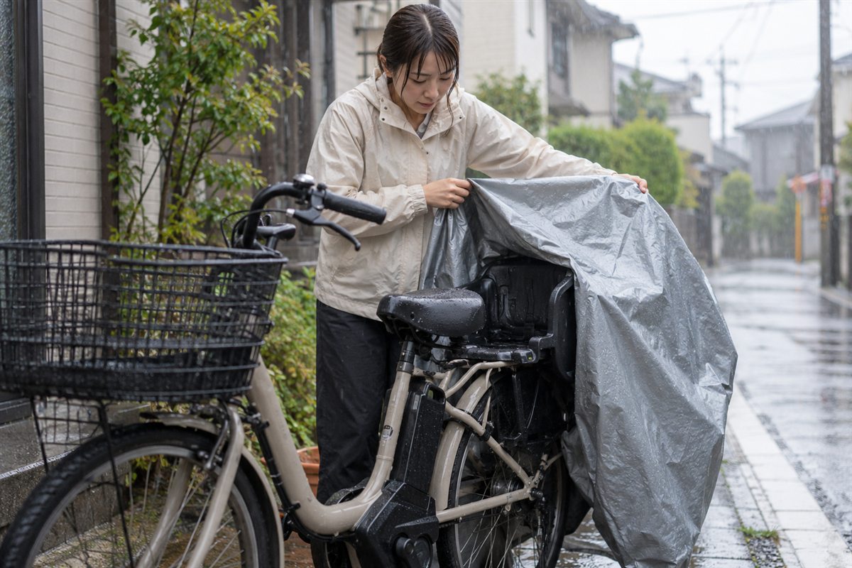 生活防水を完全防水と読まないに関連する電動自転車の場面