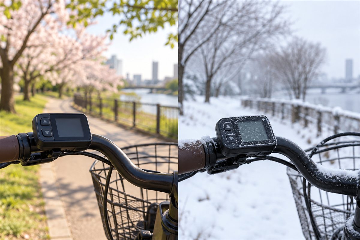 気温や季節によるわずかな誤差に関連する電動自転車の場面