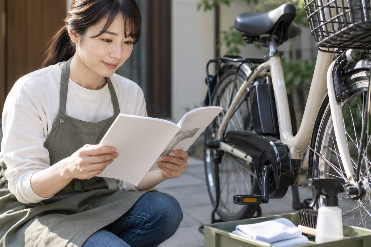説明書の手入れから始めるに関する電動自転車の場面