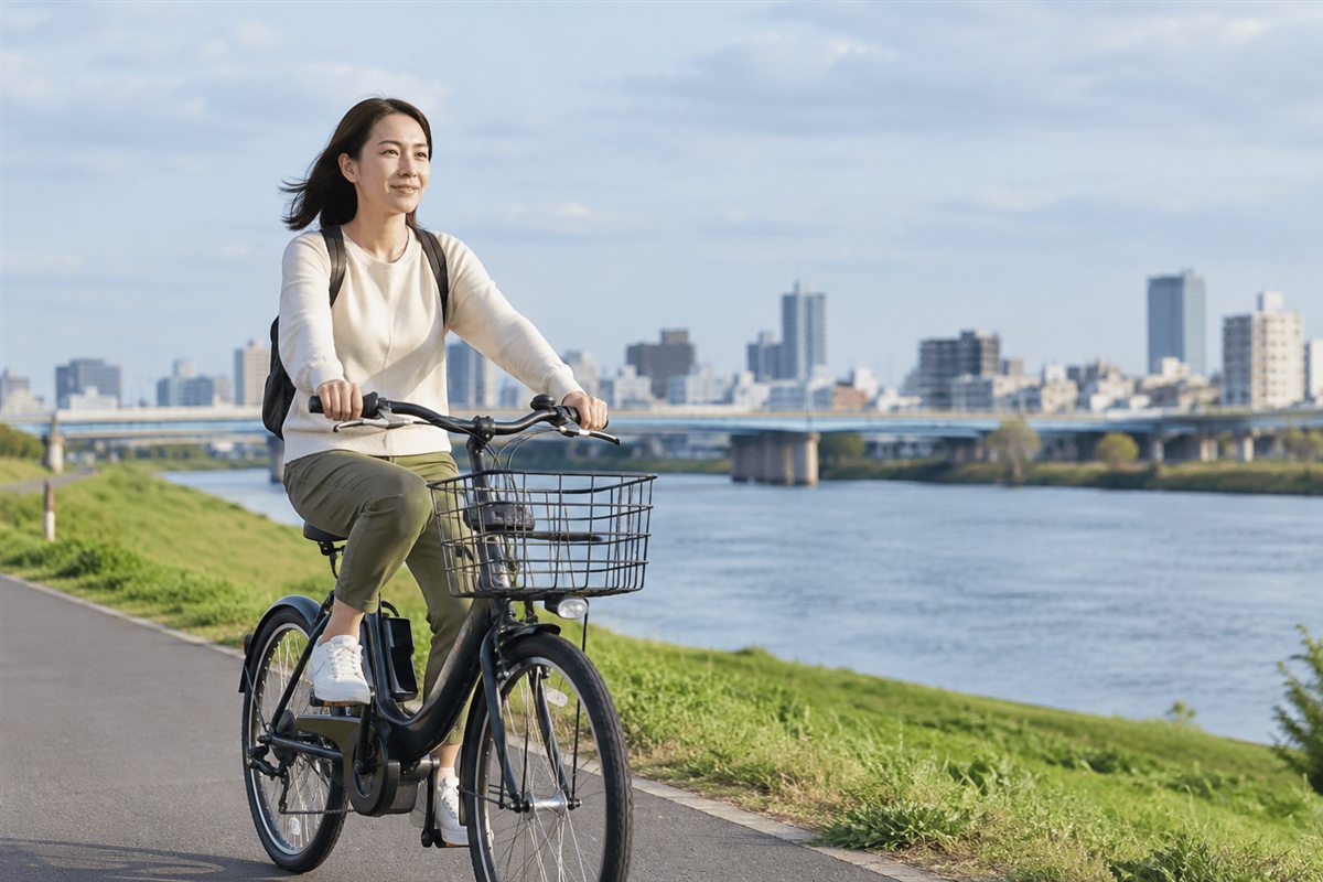 走行時間を計算するに関する電動自転車の場面