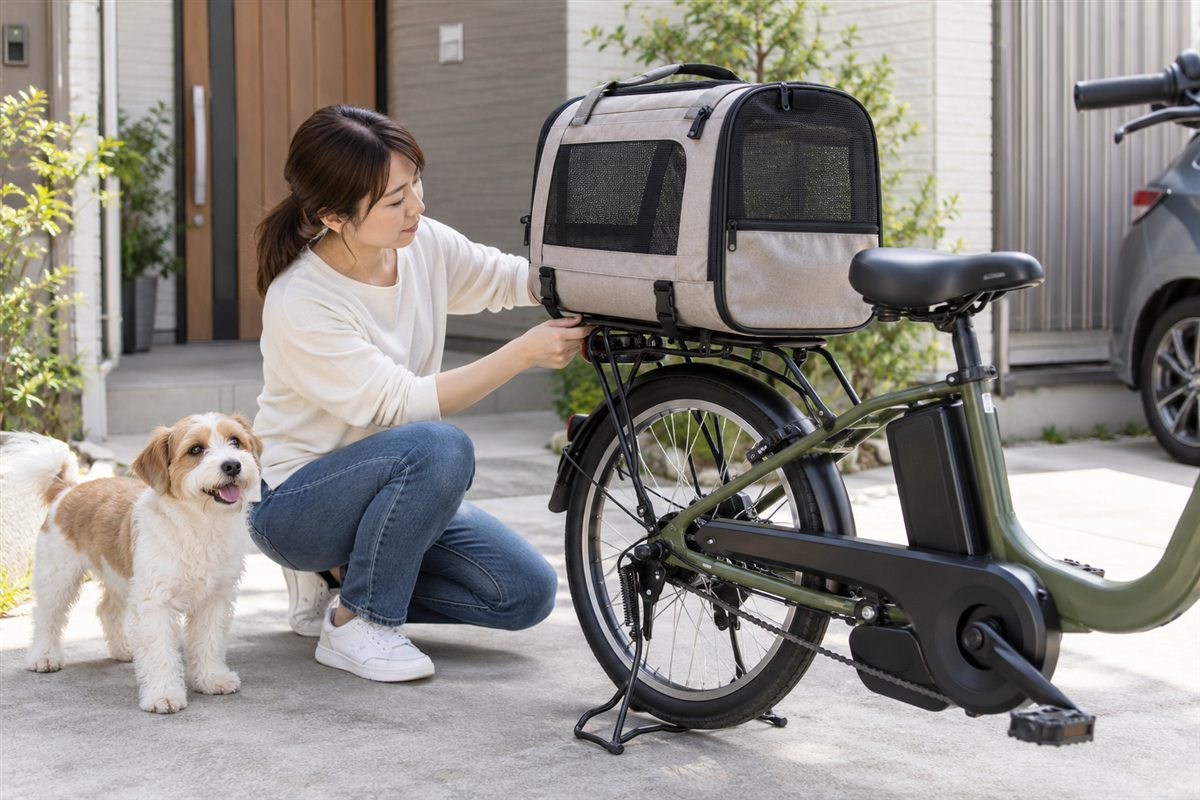 停車した電動自転車のペットキャリーの固定を確認する飼い主
