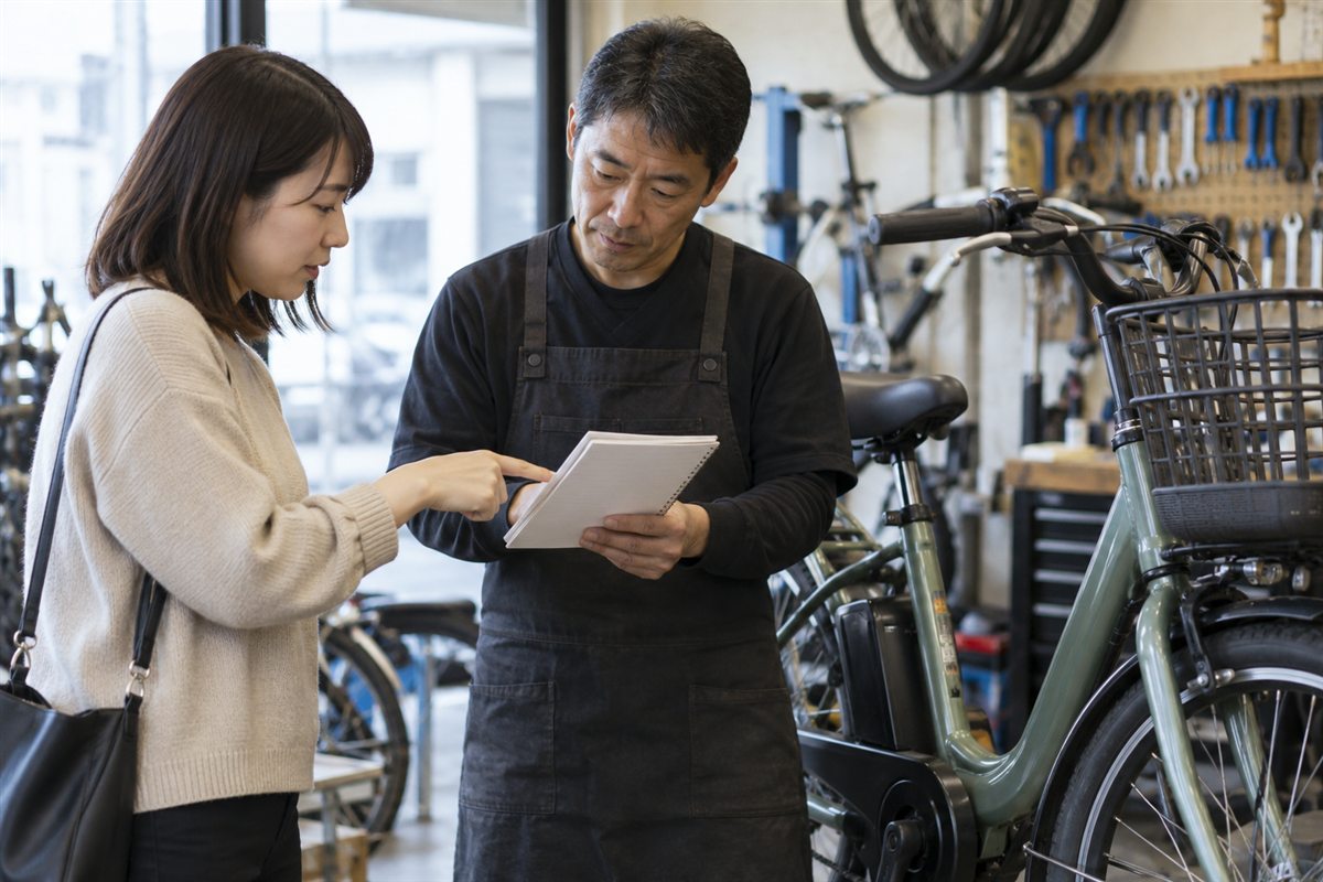 修理店のスタッフに症状を伝える電動自転車の利用者