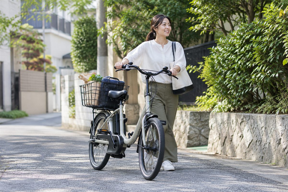 荷物を載せた電動自転車を歩いて移動させる人