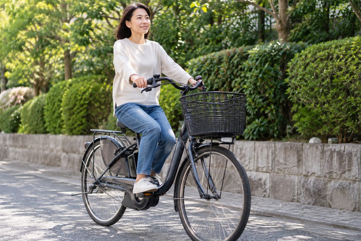 鳴る場面を短く言葉にするに合わせて電動自転車を扱う人