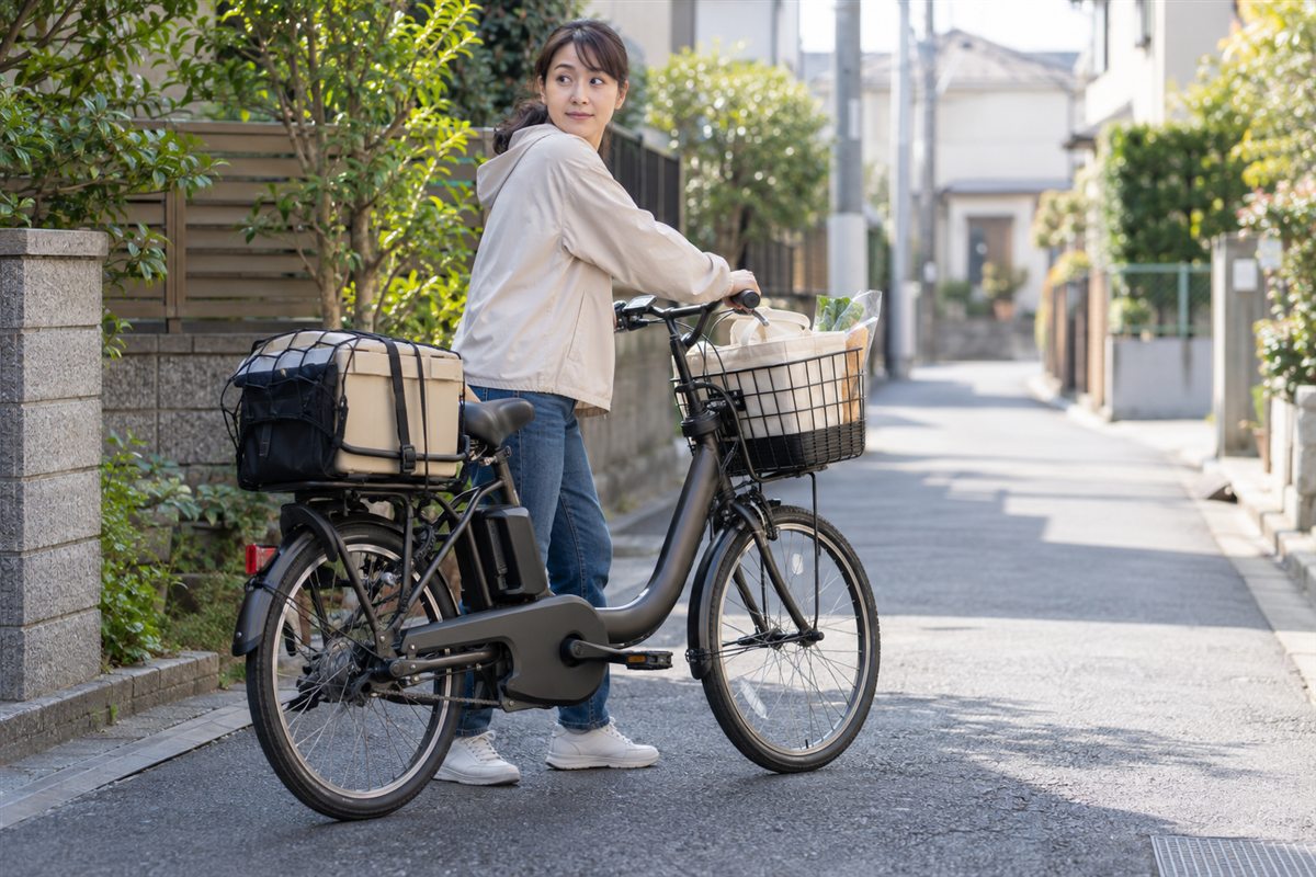 荷物を載せた電動自転車を平坦な場所で確認する人