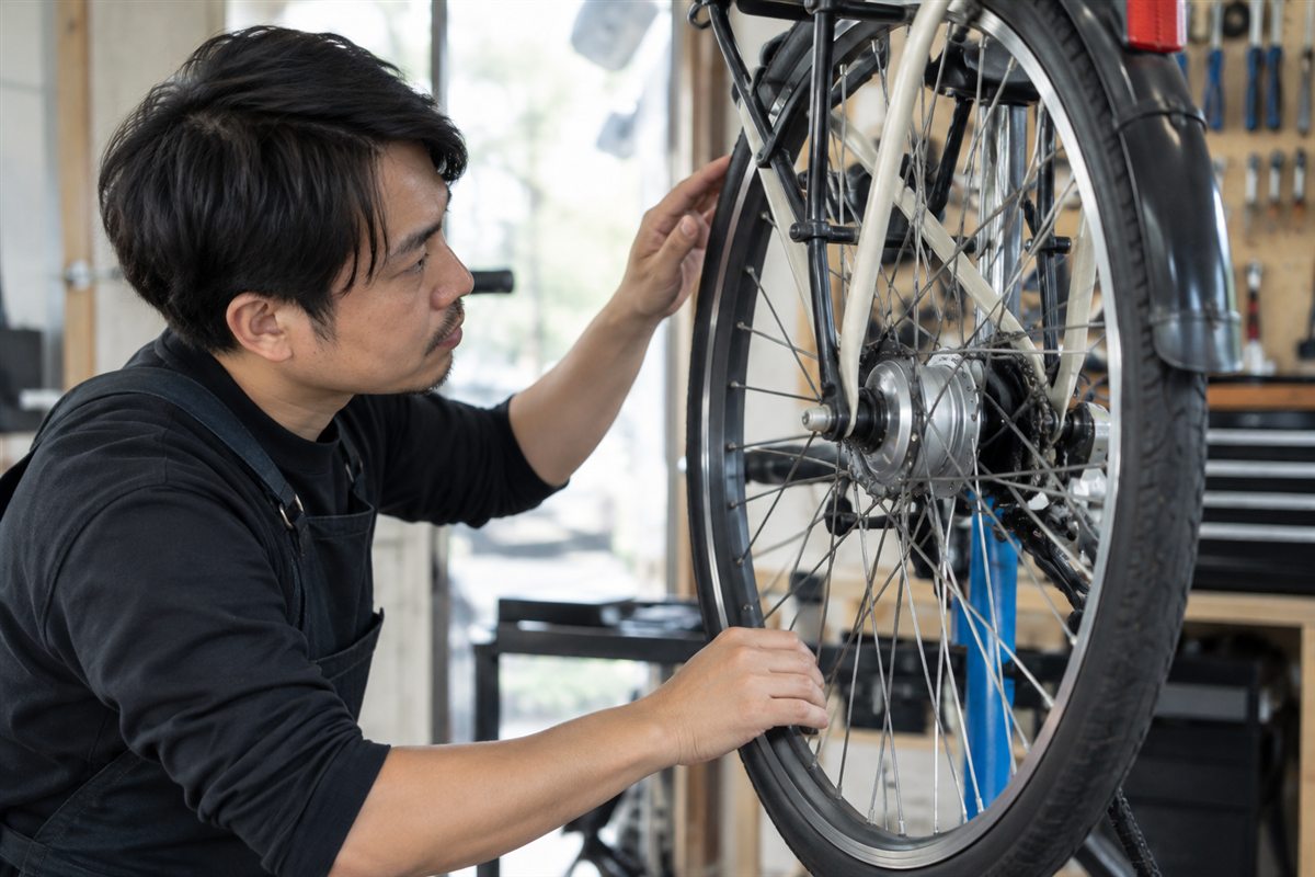 車輪の振れを確かめるを専門店で確認する様子