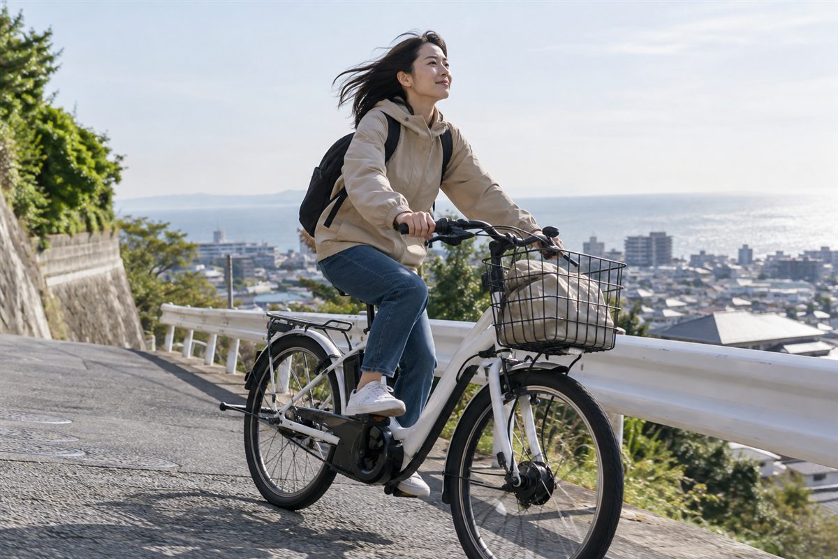 坂道と向かい風の負担を減らすを想定した電動自転車の利用場面
