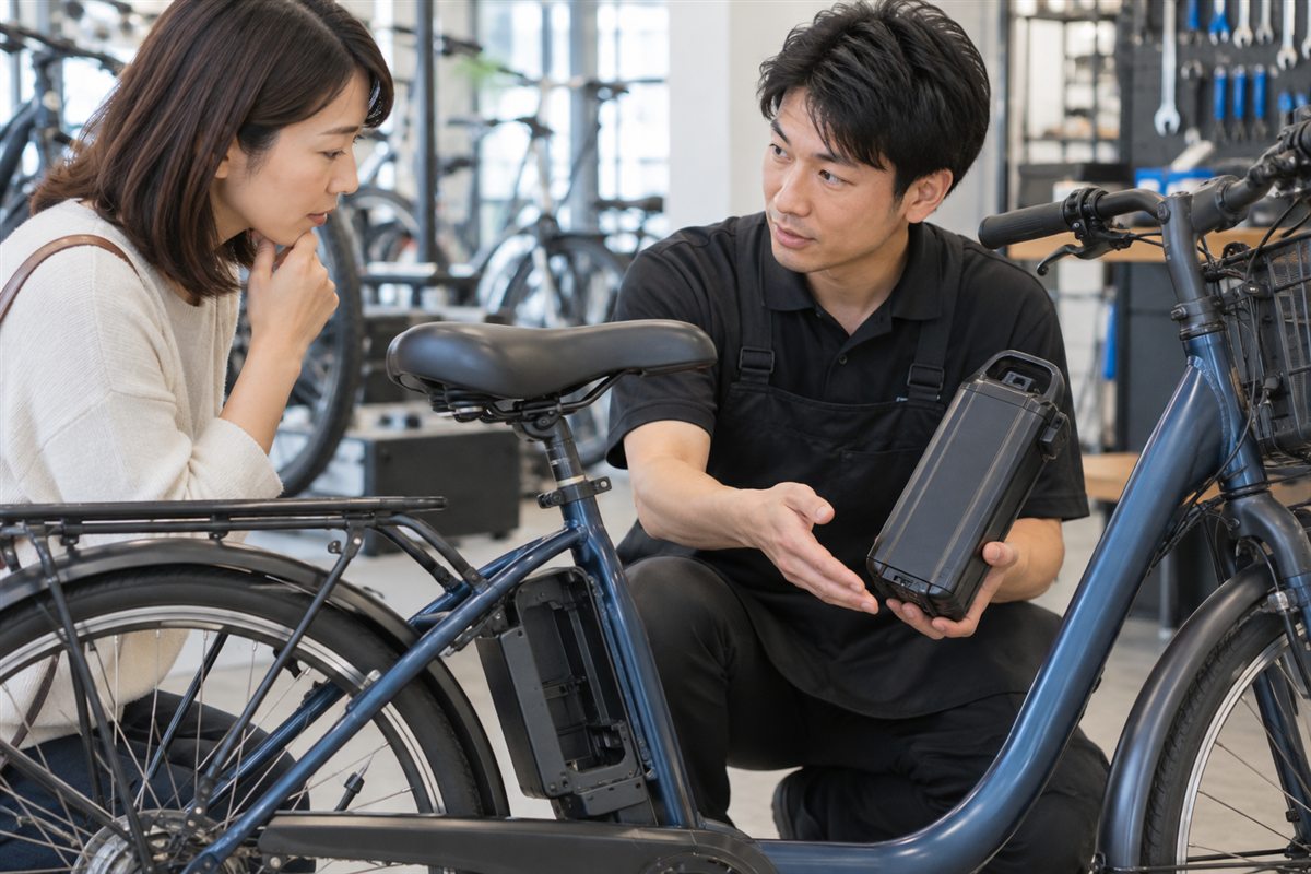 バッテリーを外して乗るときの注意について専門店に相談する利用者