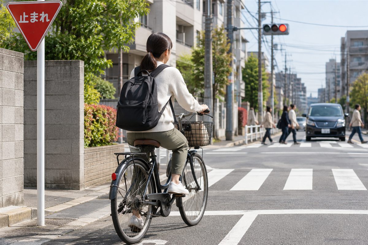 信号と一時停止で増える時間に関連する電動自転車の場面