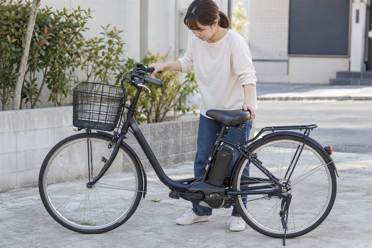 車体を平らな場所で安定させるに関連する電動自転車の場面