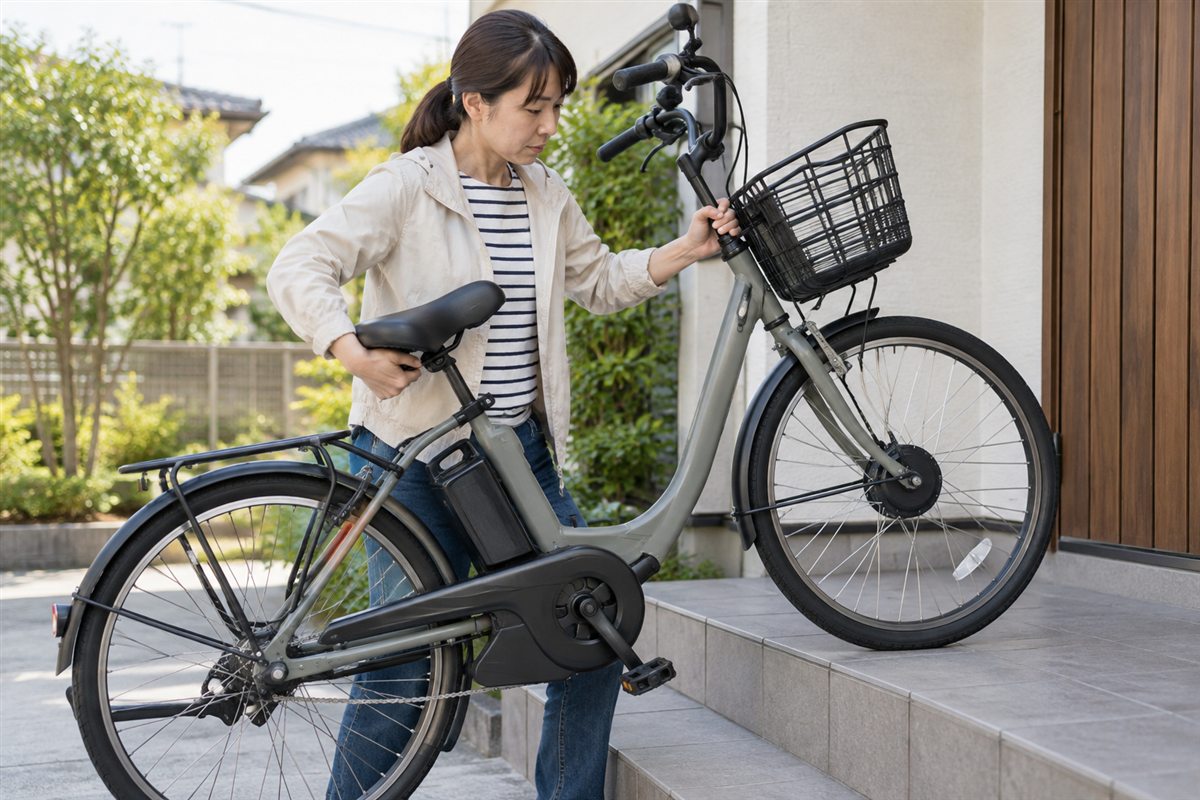 持つべき場所と持ってはいけない部品に関連する電動自転車の場面